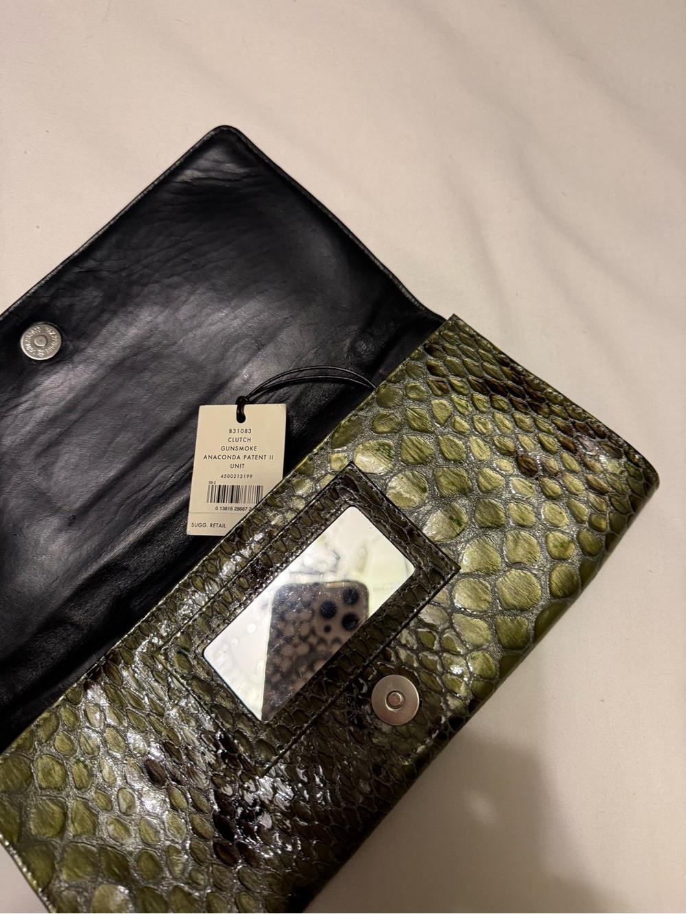 Green Anaconda-Effect Wristlet Clutch with Exterior Mirror